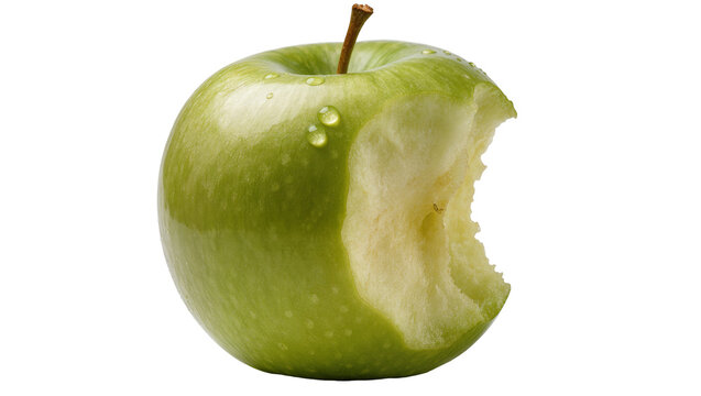 Isolated fresh green apple with a bite and water drops on smooth skin, healthy snack