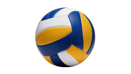 Isolated close-up of a vibrant blue, yellow, and white volleyball, ready for sports activity