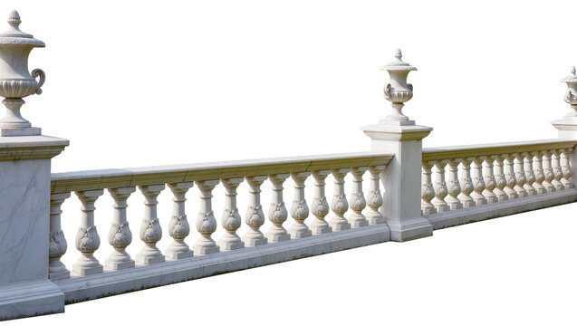 Isolated elegant white marble balustrade with decorative urns and classic architectural details