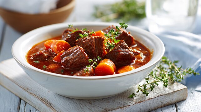 A slow-simmered goulash with carrots and fresh thyme is styled on a whitewashed wooden surface with bright morning light and airy composition