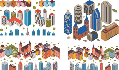 Obraz premium Isometric city buildings vector set with urban architecture elements for web and print design