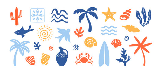Abstract modern marine vector sea ocean vacation elements in simple naive style. Design vintage trendy templates © Myurenn