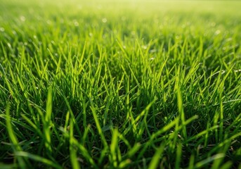 Fototapeta premium Intense close-up of vibrant green summer grass blades catching bright sunlight, creating a rich, dense, natural background texture, grass, natural, detail