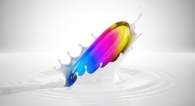 Partial submersion of a vibrant object into a smooth, thick white substance, emphasizing texture and dynamic motion against a clean background, background, rich, partial