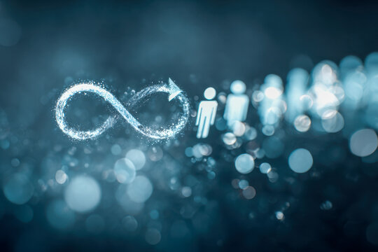 Abstract concept of infinite human connection and continuous flow symbolized by bright infinity loop and row of glowing person icons on dark blurred background