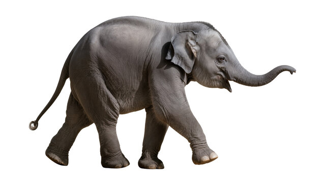Isolated charming young Indian elephant calf walking playfully with trunk curled up