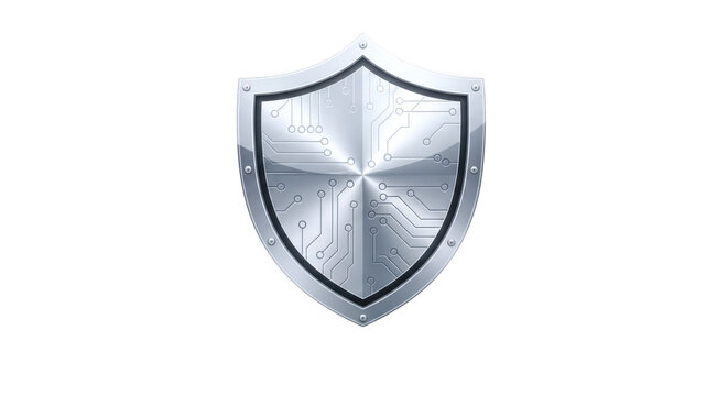Shield emblem with a sleek metallic and reflective surface design