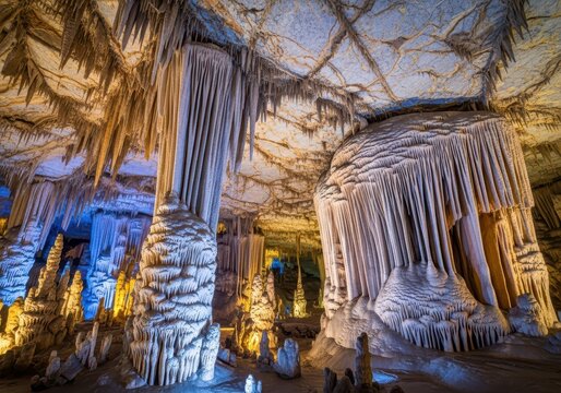 Stunning interior view of a massive limestone cavern showing intricate stalactite and stalagmite formations created by millennia of water dripping, natural, nature, moisture