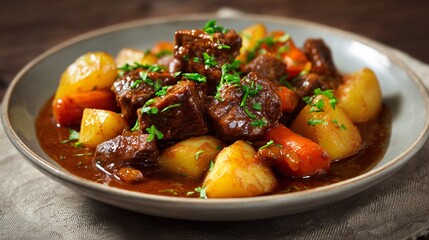 Fototapeta premium A thick beef goulash with potatoes and carrots is styled on a beige linen background with soft diffused daylight