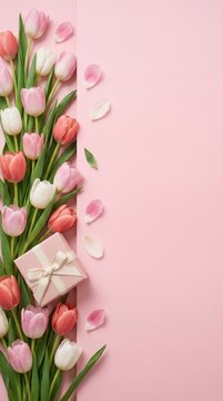 Pink and mother's day backgrond with copy space white tulips with a pastel pink gift box on a soft pink background
