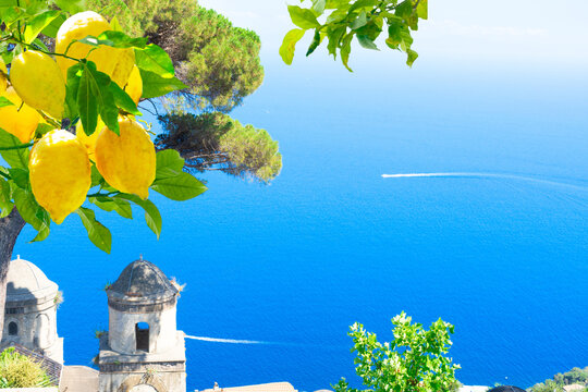 Belltower in Ravello village with sea view, Amalfi coast of Italy