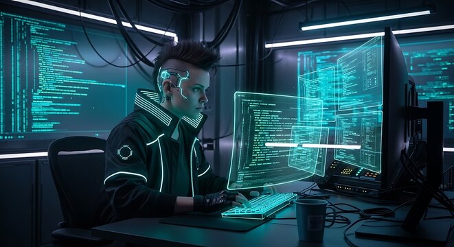 Cyberpunk programmer coding in futuristic high-tech workspace. A tech savvy individual is focused on writing code.  The room has a dark atmosphere.