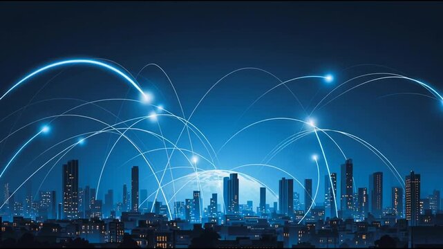 Smart digital city with connection cyber security network reciprocity over the twilight cityscape.future wireless digital city and social media networking systems that connects people within the city