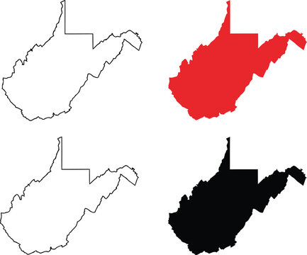 A collection of four simple outline and filled silhouette maps of the state of west virginia usa. Vector