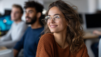 Obraz premium Young multiethnic startup team working together in a modern office, entrepreneurial collaboration and diversity concept, defocused background, with copy space
