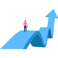 Fototapeta premium Man walking on a path shaped like a fluctuating arrow graph representing career ups and downs and eventual growth