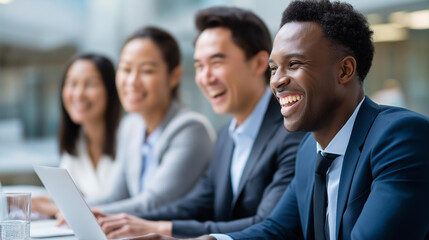 Fototapeta premium Dynamic collaboration between diverse professionals in a productive business meeting, teamwork and corporate planning concept, defocused background, with copy space
