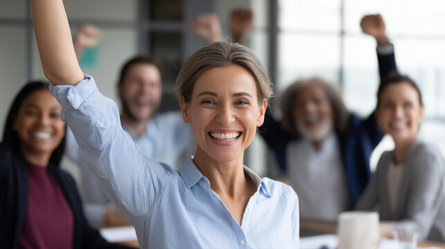 Group of happy coworkers cheering together in a conference room, team celebration and success concept, defocused background, with copy space