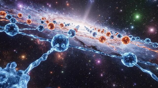 An abstract blue universe background featuring a glowing nebula and distant stars in the dark cosmos with ample light space for science or astronomy text