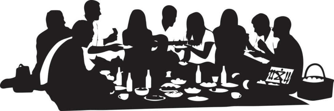 Group of friends having picnic vector illustration silhouette with food and drinks outdoor