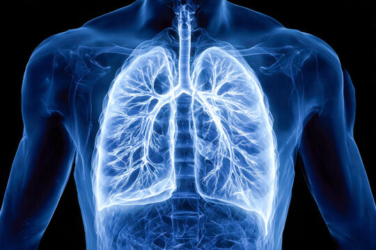 Detailed medical visualization of the respiratory system highlighting human lungs and bronchial tubes within the upper torso for health and anatomy education purpose