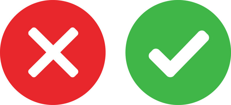 A pair of circular icons representing a red cross for wrong and a green checkmark for correct choice Vector