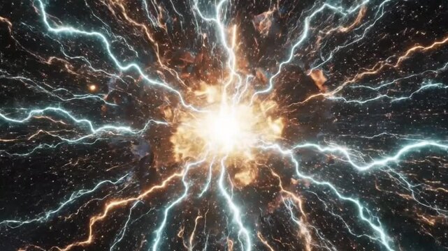 An abstract seamless pattern design of a glowing blue plasma wave and fractal lightning storm, creating an explosive motion of electric fire and liquid energy in a liquid light illustration
