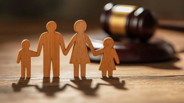 Wooden cutout figures of a family stand in front of a blurred judge&rsquo;s gavel. The scene suggests themes of family law, custody, or legal decisions affecting households