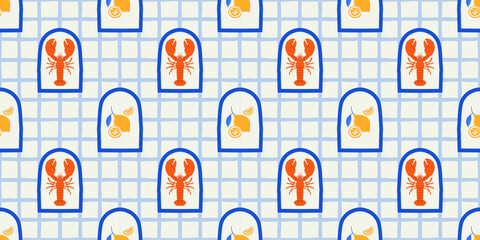 Stoffe zum Nähen Vintage lobster seamless pattern. Italian sea food background illustration in hand drawn style. Retro mediterranean beach surface print design, summer vacation texture.