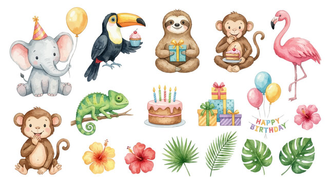 Cute tropical animals, birthday elements, balloons, gifts in soft watercolor style for kids party design and nursery decor. Collection of Vector illustrations for invitation, card, poster, banner