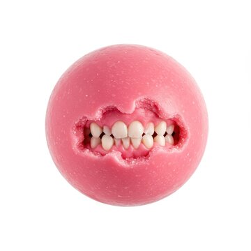 Bright pink sphere of chewed bubble gum showing distinct teeth marks, centered and isolated against a clean white background, white, messy, dental