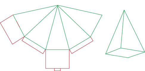 Geometric 3D Square Pyramid Template with Flat Foldable Paper Net and Flaps for Crafting © Fatema