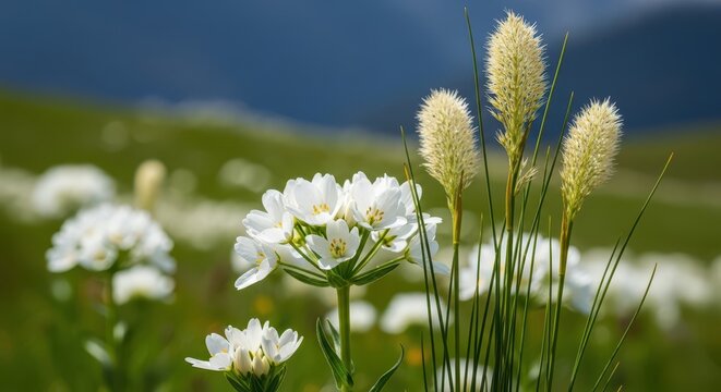 Close up view of a cluster of white flowers and tall stems of bears grass growing in a high altitude meadow landscape under daylight, high altitude, foliage, biology