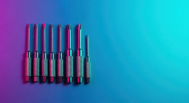Close view of professional metallic tools, featuring various sizes of screwdrivers and interchangeable tips used for assembly and technical repair work, engineering, screwdriver, handle