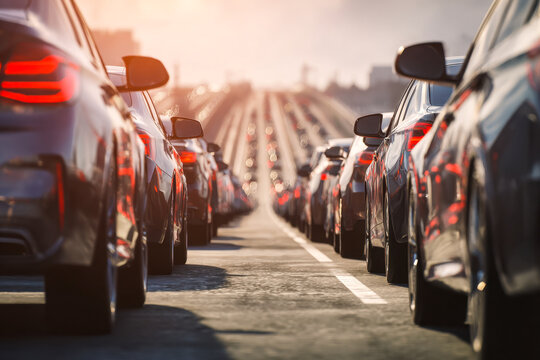 Long line of cars stuck in heavy traffic jam on a busy highway during sunset with blurry background and warm golden light reflecting on vehicles