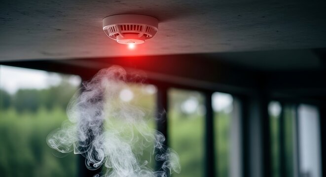 Smoke rising towards a lit, red-glowing ceiling-mounted detector. Green scenery is visible