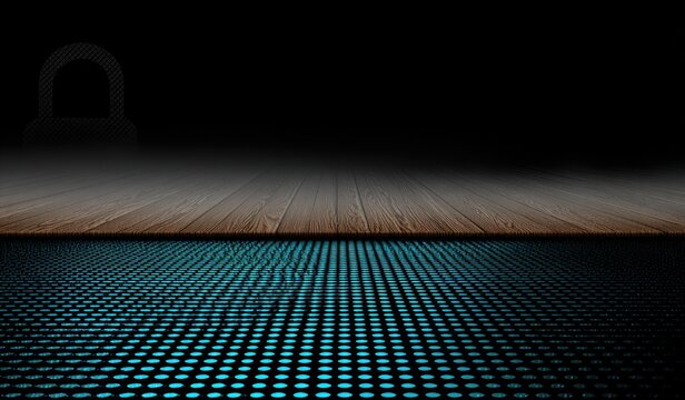 A digital display, highlighted by teal dots, rests on a wooden floor, establishing a modern and secure scene.