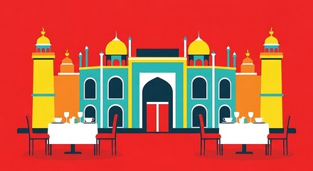 Fototapeta premium Stylized illustration of a colorful Indian palace with tables set for dining