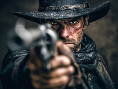 Intense rugged man in a weathered black hat and scarf aiming a vintage revolver directly at the camera with a fierce determined look during a dramatic moment