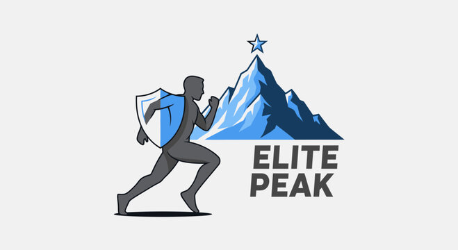 Elite Peak Motivational Runner With Shield and Mountain Logo Design