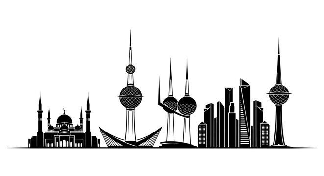 Kuwait City skyline with famous landmarks.