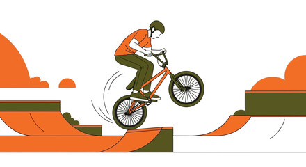 Naklejka premium Energetic Cyclist Performing Bicycle Stunt On Orange Ramps