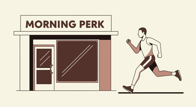 Energetic Runner Accelerates Past Modern Coffee Shop Building