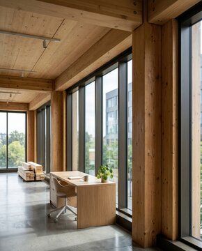Vertical mass timber office corridor interior with desk and copy space