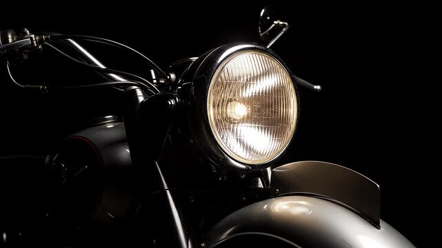 Classic motorcycle round headlight turning on and off against dark background with wet metal