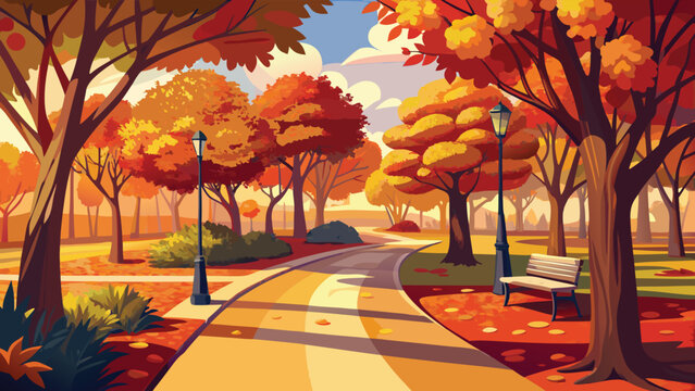 A serene park pathway lined with vibrant autumn trees and a bench under a soft golden afternoon sun Vector
