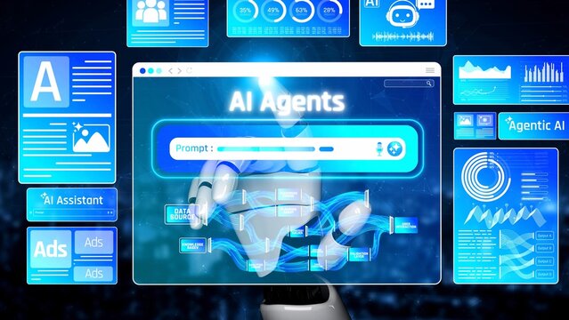 Futuristic Digital Workspace Showcasing AI Agents and Data Processing Interfaces for Innovative Technology Solutions and Virtual Assistance Applications Sigmoid