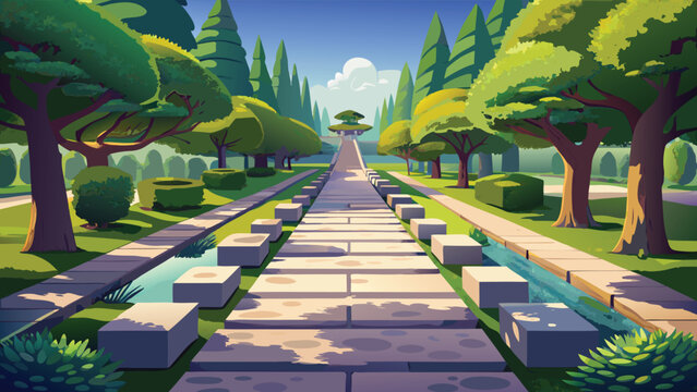 A serene stone path winding through a vibrant green park towards a distant temple in the sunshine Vector