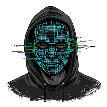 Hacker in hoodie with glitching digital face mask, cybercrime concept