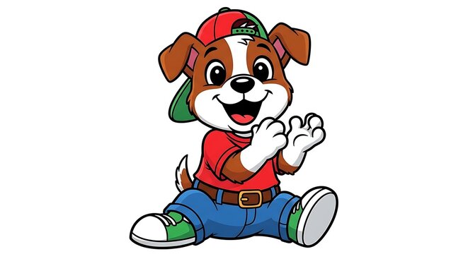 Animated, smiling puppy wearing a backwards cap, clapping its hands, and dressed in casual attire